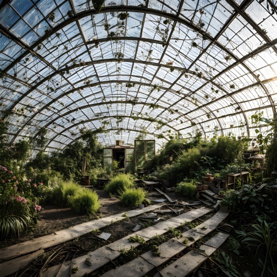 Inside an abandoned greenhouse where wild flora thrives among shattered glass and broken frames, AI generated