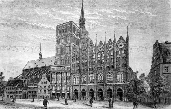 The market square of Stralsund, Germany, in 1885, historical, digital reproduction of an original from the 19th century, Europe