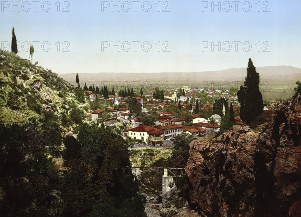 Overview of the city of Bursa in Turkey, View from 1885, Historical, digitally restored reproduction from a 19th century original, Record date not stated