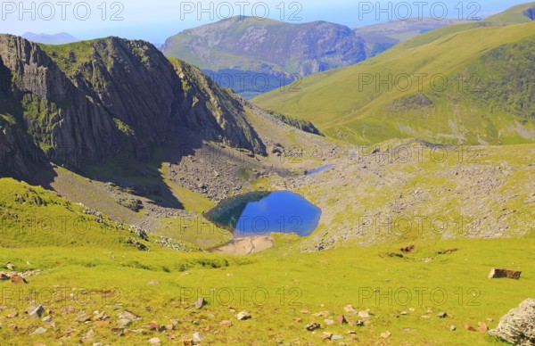 Llyn Glas corrie lake, landscape from Mount Snowdon, Gwynedd, Snowdonia, north Wales, UK