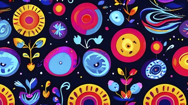Playful, abstract illustration features a seamless pattern of whimsical hand-drawn shapes and icons in vibrant colorful hues, perfect for creative backgrounds, AI generated