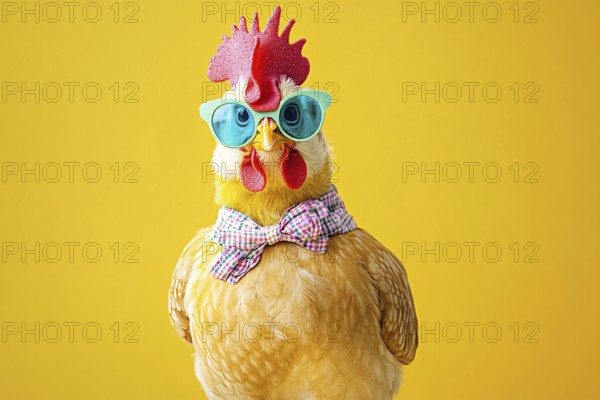 Funny chicken with bow tie and sunglasses in fornt of yellow background. Generative Ai, AI generated