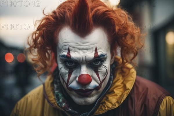 An evil clown with red hair and a red nose is wearing a yellow outfit. The clown has a sad expression on his face, AI generated