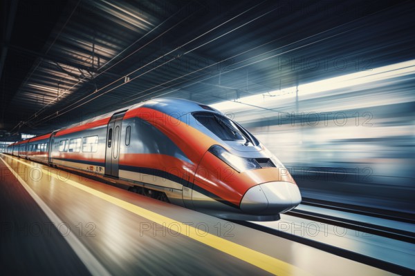 Modern high speed train in a futuristic train station. Modern transportation technology, speed, travel concepts. Railroad with motion blur effect, AI generated