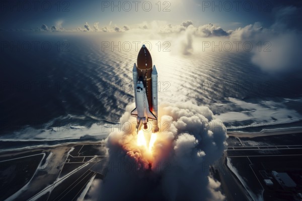 Aerial view of a rocket shuttle carrier launch at sunrise over an ocean coast. The rocket is blasting off with a trail of smoke and flames behind it, AI generated