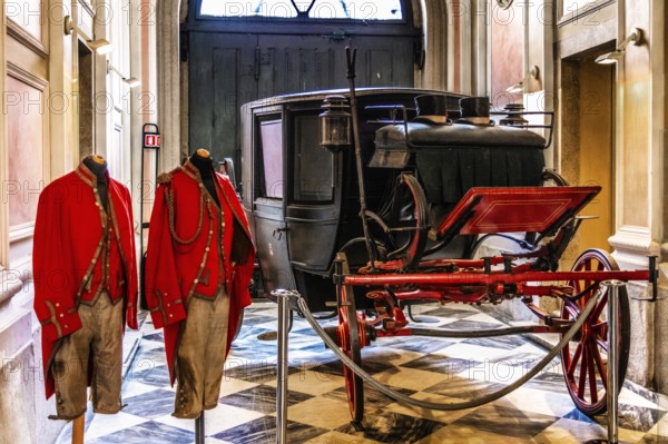 Carriage in the entrance area, Palazzo Rvoltella, palace and modern art gallery, a total work of art, Trieste, harbour city on the Adriatic, Friuli, Italy, Trieste, Friuli, Italy, Europe