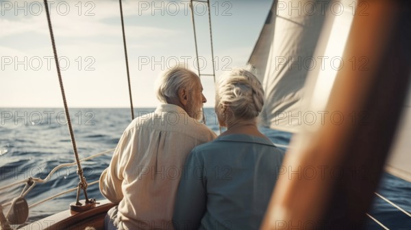 Senior caucasian couple on the deck of their yacht in the ocean, generatvie AI, AI generated