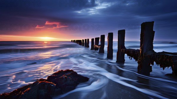 Old pier skeletal remains extend into the sea waves continuously erode its pillars, AI generated