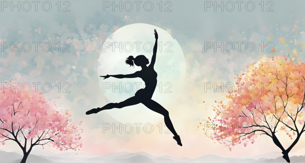 Abstract minimalist spring scene with a single, sharp silhouette of a rhythm gymnastic and of a blooming tree on a vast light grey canvas, AI generated