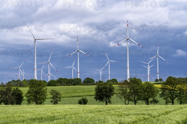 Wind farm east of Geilenkirchen, dark storm clouds, strong wind, North Rhine-Westphalia, Germany, Europe