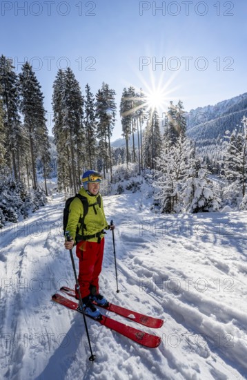 Ski tourer in snowy winter forest with sun star, ascent to Teufelstättkopf, Snowy mountain landscape, Ammergau Alps, Bavaria, Germany, Europe