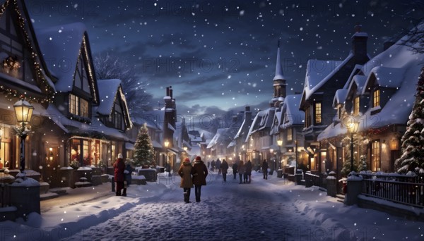 Snow-covered village street at dusk with glowing Christmas lights, AI generated