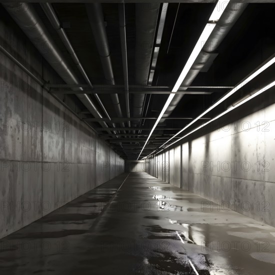 Underground corridor featuring drainage and metal pipelines designed for water and gas transport, AI generated