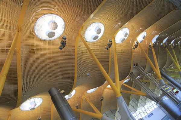Modern architecture ceiling interior of terminal 4 building, Adolfo Suárez Madrid–Barajas airport, Madrid, Spain, Europe