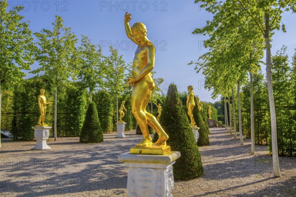 Golden sculptures from the Garden Theatre in the Great Garden, Herrenhausen Gardens, Hanover, Lower Saxony, Germany, Europe