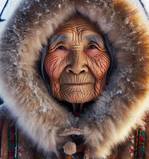 Portrait of an old woman of the Eskimo, the indigenous Inuit, AI generated, AI generated