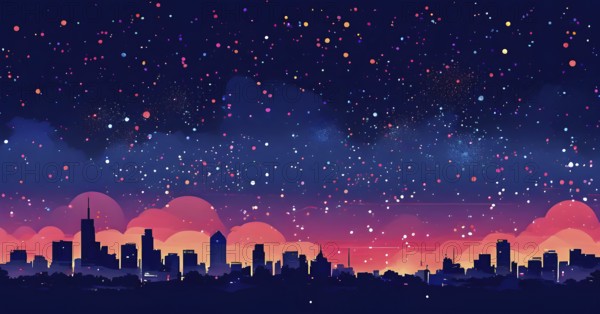 Minimalist, geometric skyline at night, with subtle fireworks in the sky, represented by colorful dots and simple, clean lines, AI generated