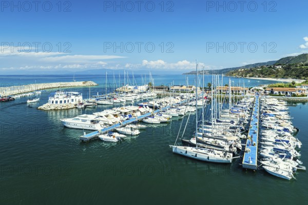 Port and Marina in Tropea from a drone, Tyrrhenian Sea, Calabria, Italy, Europe