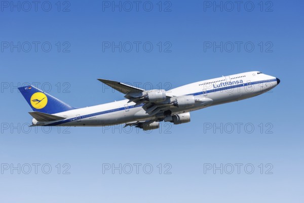 A Lufthansa Boeing 747-8 aircraft with the registration D-ABYT and the retro special livery at the airport in Frankfurt, Germany, Europe