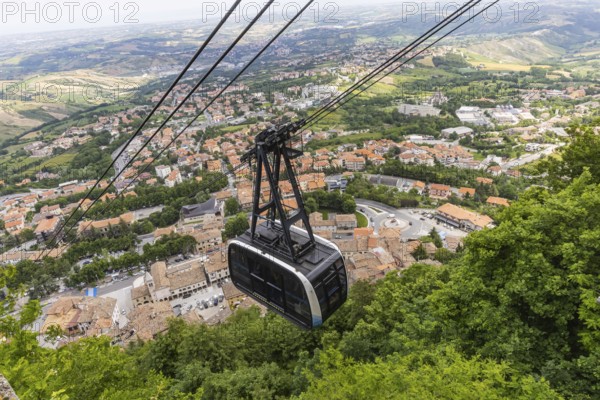 Funivia di San Marino, cable car to the highest mountain in San Marino on Monte Titano. View of the city of San Marino, San Mariono