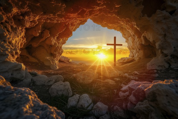 Easter concept cross on Golgotha Calvary hill against a dramatic sunset seen from open tomb of Jesus, AI generated