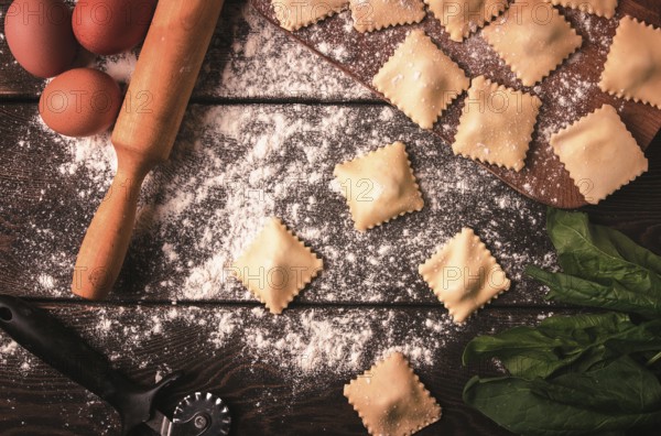 Cheese, Spinach ravioli, on a wooden table, selective focus, rustic style, horizontal, no people