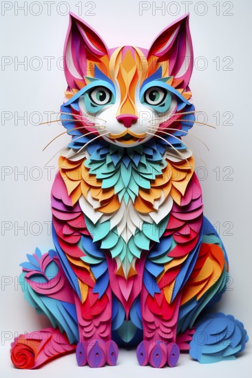 Imaginary cat in fantasy multicolored paper style, AI Generated