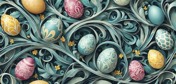 A whimsical abstract pattern with intertwined ribbons, eggs, and floral motifs, with a mix of sharp and soft lines creating depth, AI generated