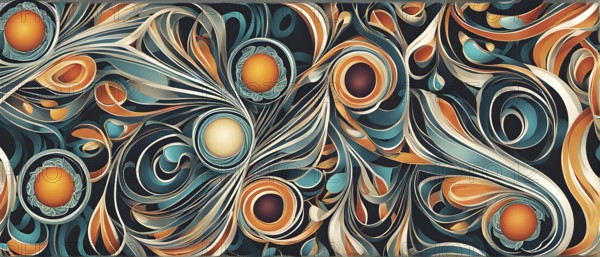 A whimsical abstract pattern with intertwined ribbons, eggs, and floral motifs, with a mix of sharp and soft lines creating depth, AI generated