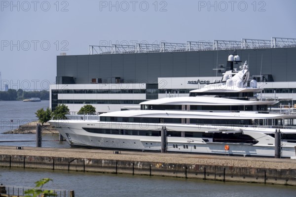 Oceanco shipyard in Alblasserdam, specialising in the construction of mega yachts, luxury yachts, on the river Noord, South Holland, in front the H3 yacht, 105 metres long, completely renovated, rebuilt, behind the superyacht Seven Seas Yacht, 109 metres long, owned by Steven Spielberg, Netherlands