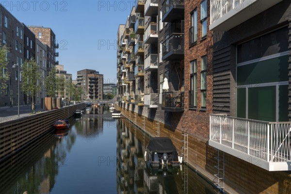 Sluseholmen neighbourhood, on an artificial island, former industrial area, now a new residential area, with many canals, waterfront living, Copenhagen, Denmark, Europe
