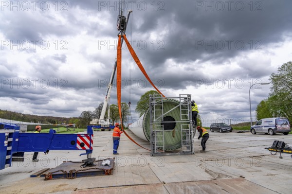 Preparation for the transport of a 68 metre long blade, a wind turbine, with a self-propelled Blade-Lifter vehicle, over a 40 km long route in the Bergisches Land, through towns, villages, over country roads, narrow through roads, to the construction site of the wind turbine near Hagen, North Rhine-Westphalia, Germany, Europe