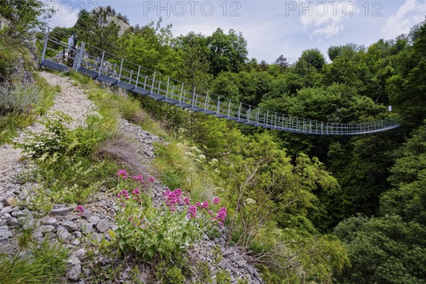 Ponte tibetano, Tibetan suspension bridge near Roccamandolfii in the Isernia region. Molise, Italy, Southern Europe, Europe