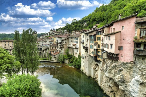 Pont en Royans. Houses hanging above river La Bourne. Isère. Auvergne-Rhone-Alpes. Vercors regional natural park. France