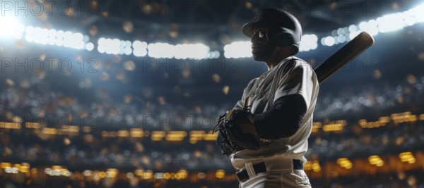 Black star athlete pitcher standing with the bat in the middle of the full stadium, AI generated