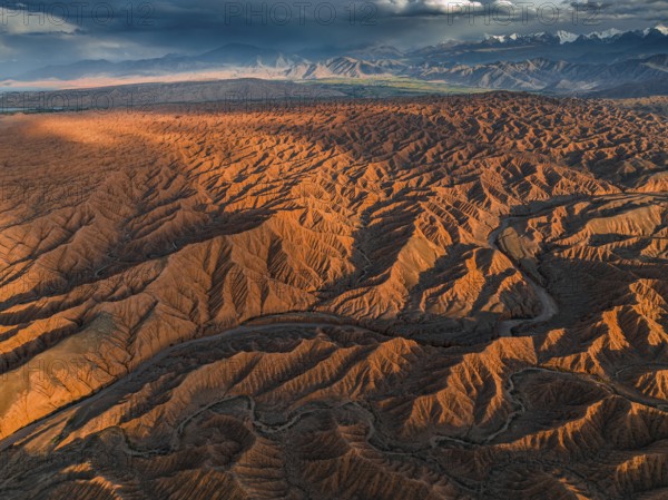 River bed runs through a landscape of eroded hills, badlands at sunset, mountain peaks of the Tian Shan Mountains in the background, aerial view, Canyon of the Forgotten Rivers, Issyk Kul, Kyrgyzstan, Asia