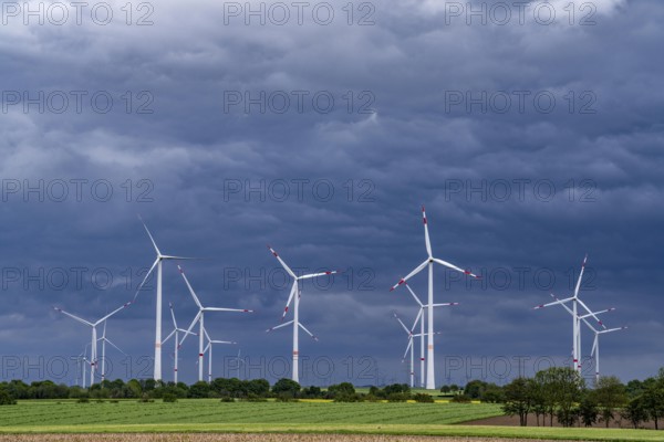Wind farm east of Geilenkirchen, dark storm clouds, strong wind, North Rhine-Westphalia, Germany, Europe