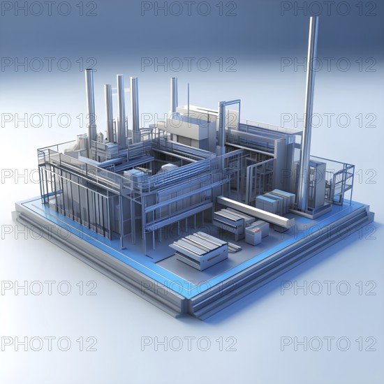 Three dimensional rendering of a model of a modern factory, AI generated