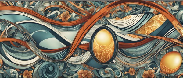 A whimsical abstract pattern with intertwined ribbons, eggs, and floral motifs, with a mix of sharp and soft lines creating depth, AI generated