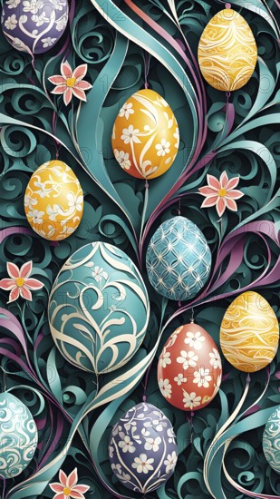 A whimsical abstract pattern with intertwined ribbons, eggs, and floral motifs, with a mix of sharp and soft lines creating depth, AI generated