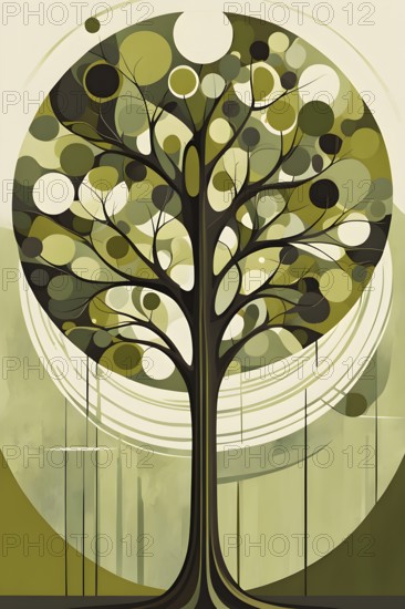 Abstract geometric tree with a circular canopy and a rectangular trunk, arranged in a clean, balanced design with a limited color palette of olive green, deep brown, and ivory, AI generated