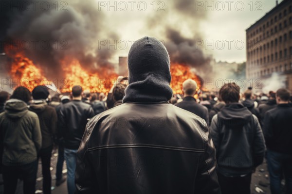 Back view of young men in street riot with fire burning in city. KI generiert, generiert AI generated