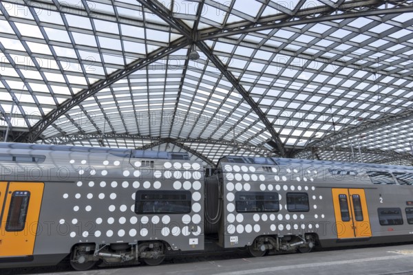 Local train and glass roof at Cologne Central Station, Cologne, Rhineland, North Rhine-Westphalia, Germany, Europe