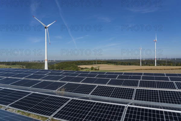 Wind farm near Bad Wünneberg, solar plant, Ostwestfalen Lippe, North Rhine-Westphalia, Germany, Europe