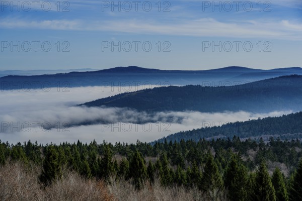 Panorama over wooded hills and a valley shrouded in mist, Hirschenstein, Lower Bavaria