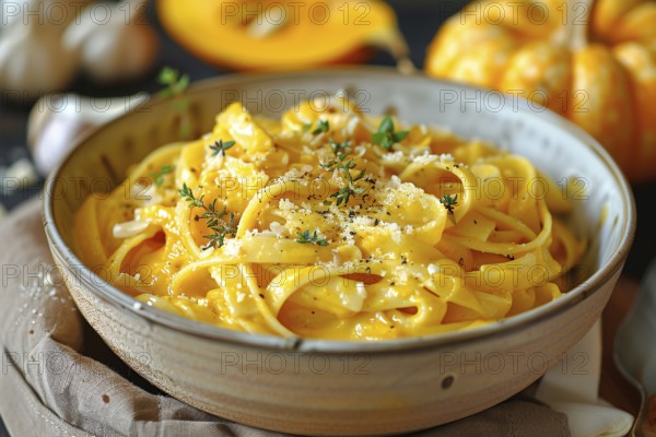 Bowl with creamy pumpkin pasta with Parmesan cheese. Generative Ai, AI generated