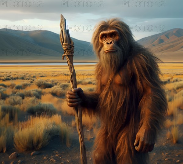 Prehistory, Prehistory, Portrait of an Australopithecus in the prehistoric African steppe, AI generated, AI generated