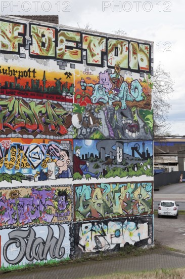 Industrial building completely painted with graffiti, various pictures on the themes of Ruhrpott and steel, Duisburg-Neuenkamp, North Rhine-Westphalia, Germany, Europe