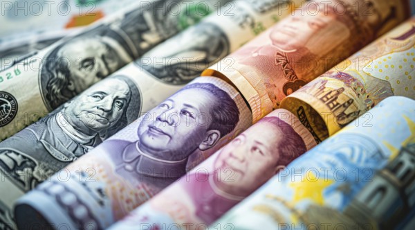 Money rolls, currencies from different countries. Yuan and dollar banknotes, investment and economy, AI generated