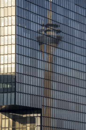 Düsseldorf Media Harbour, facade of the Hyatt Regency Hotel, reflection of the Rhine Tower, North Rhine-Westphalia, Germany, Europe